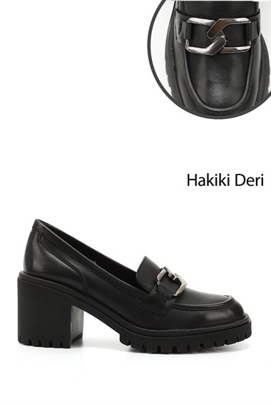 Kadın Siyah Tokalı Orta Kalın Topuklu Hakiki Deri Ayakkabı