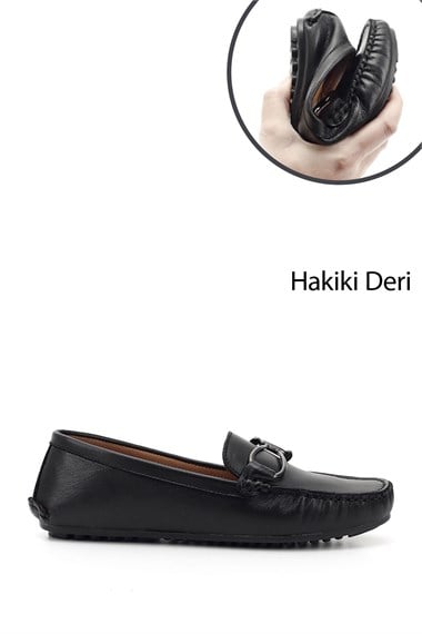 Kadın Siyah Tokalı Rok Hakiki Deri Comfort Loafer