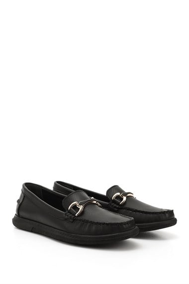 Kadın Siyah Tokalı Rok Hakiki Deri Comfort Loafer