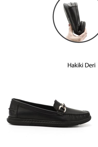 Kadın Siyah Tokalı Rok Hakiki Deri Comfort Loafer