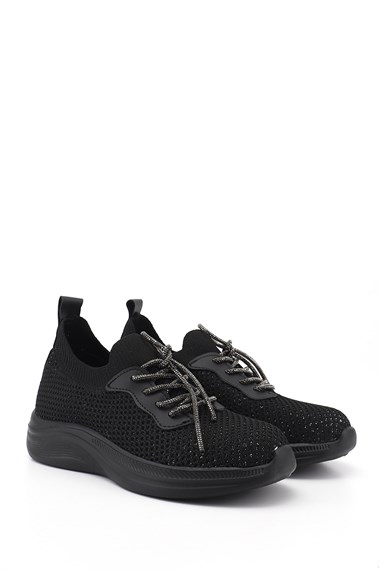 Kadın Siyah Triko Bağcıklı Memory Foam Tabanlıklı Comfort Sneaker