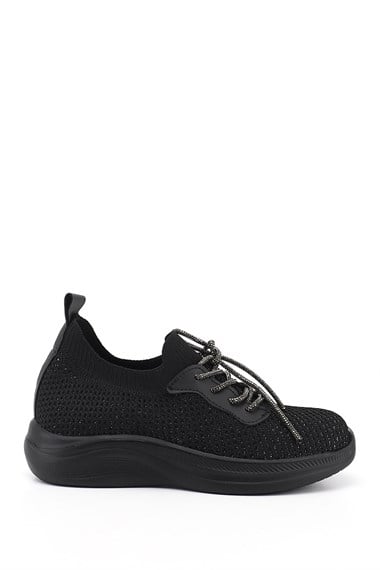 Kadın Siyah Triko Bağcıklı Memory Foam Tabanlıklı Comfort Sneaker