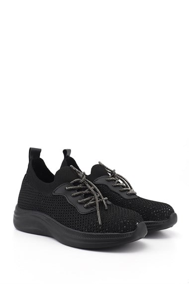 Kadın Siyah Triko Bağcıklı Memory Foam Tabanlıklı Comfort Sneaker