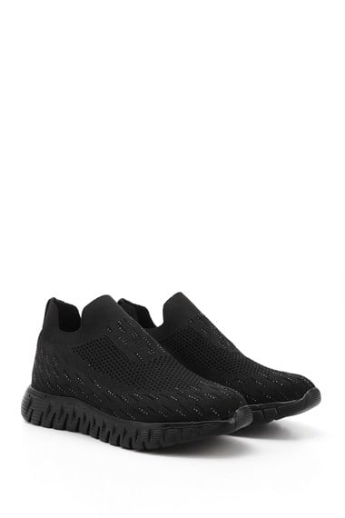 Kadın Siyah Triko Taşlı Memory Foam Tabanlıklı Comfort Sneaker