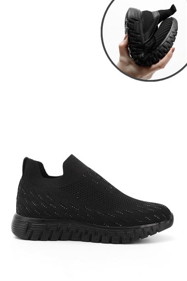 Kadın Siyah Triko Taşlı Memory Foam Tabanlıklı Comfort Sneaker