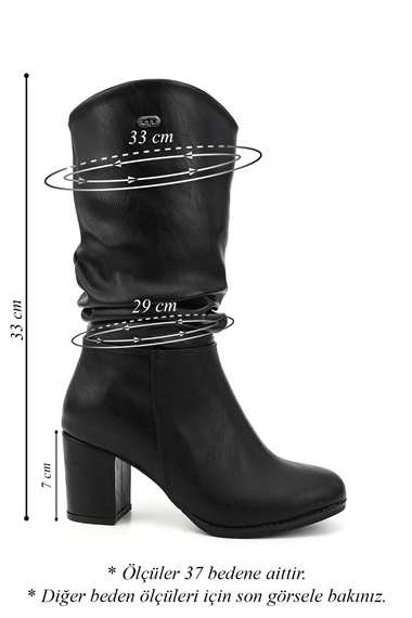 Womens Black Round Toe Pleated Thick Heeled Boots