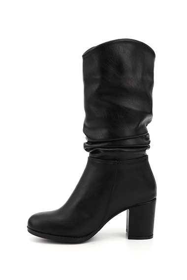 Womens Black Round Toe Pleated Thick Heeled Boots