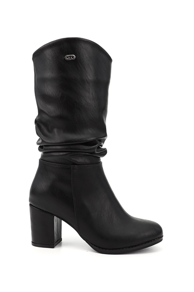 Womens Black Round Toe Pleated Thick Heeled Boots