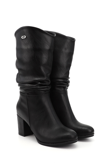 Womens Black Round Toe Pleated Thick Heeled Boots