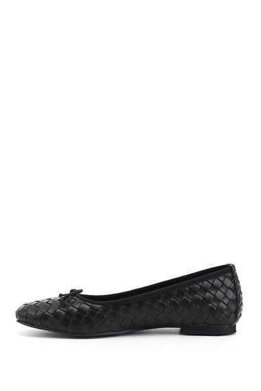 Womens Black Round-Toe Bow Ballerina Flats