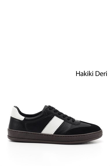 Womens White and Black Lace-Up Genuine Leather Sneakers
