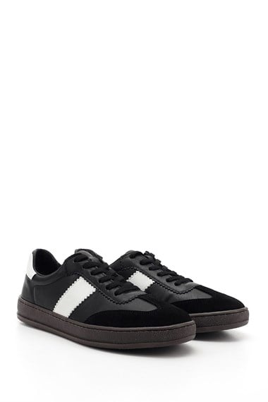 Kadın Siyaha Beyaz Bağcıklı Hakiki Deri Sneaker