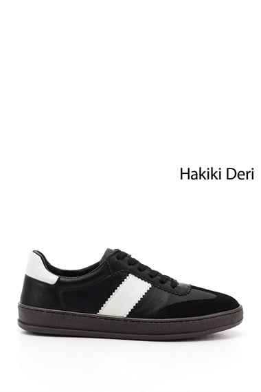 Kadın Siyaha Beyaz Bağcıklı Hakiki Deri Sneaker