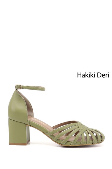 Kadın Su Yeşili Kalın Topuklu Hakiki Deri Ayakkabı