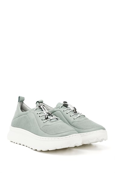 Kadın Su Yeşili Lastik Bağcıklı Comfort Dolgu Taban Hakiki Deri Sneaker