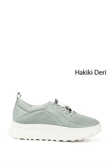Kadın Su Yeşili Lastik Bağcıklı Comfort Dolgu Taban Hakiki Deri Sneaker