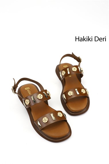 Kadın Taba Aksesuarlı Hakiki Deri Sandalet