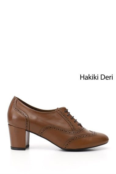 Kadın Taba Antik Bağcıklı Kalın Topuklu Hakiki Deri Oxford Ayakkabı