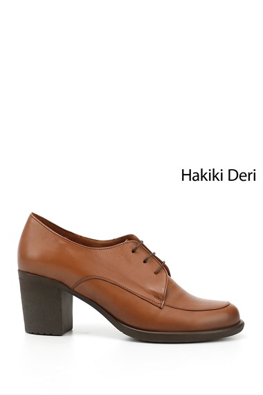 Kadın Taba Antik Bağcıklı Orta Kalın Topuklu Hakiki Deri Oxford Ayakkabı