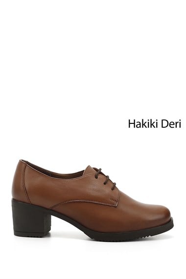 Kadın Taba Antik Bağcıklı Orta Kalın Topuklu Hakiki Deri Oxford Ayakkabı