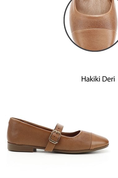 Kadın Taba Antik Baskılı Mary Jane Hakiki Deri Babet