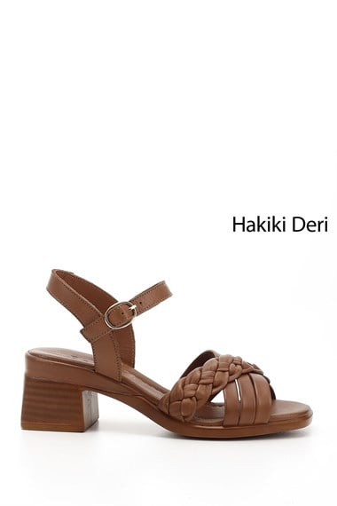 Kadın Taba Antik Bilek Bağlı Örgü Bantlı Hakiki Deri Sandalet