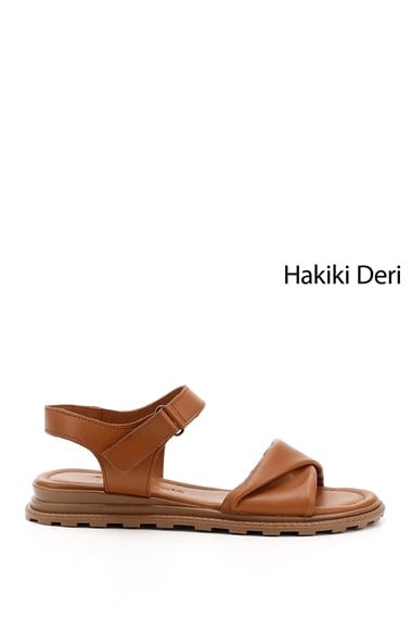 Kadın Taba Antik Cırt Bantlı Hakiki Deri Sandalet