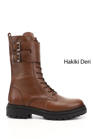 Womens Tan Genuine Leather Combat Boots with Antique Zipper