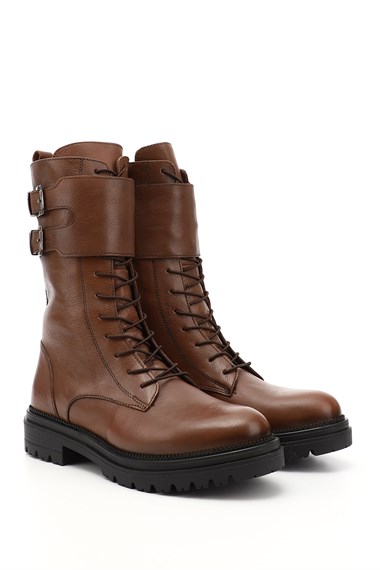 Womens Tan Genuine Leather Combat Boots with Antique Zipper