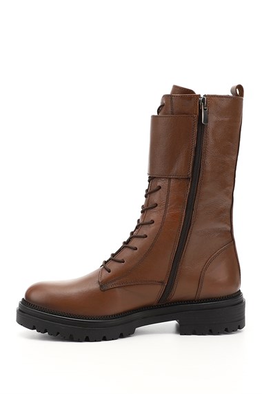 Womens Tan Genuine Leather Combat Boots with Antique Zipper