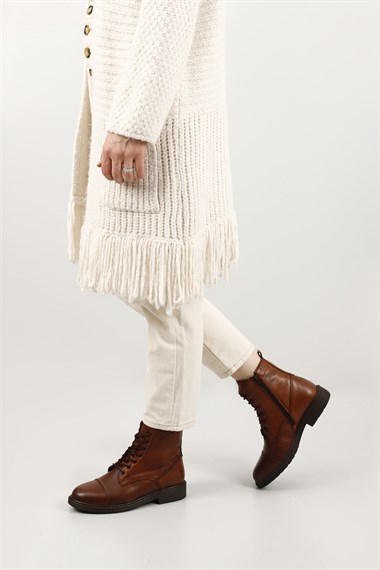 Kadın Taba Antik Fermuarlı Hakiki Deri Postal Bot