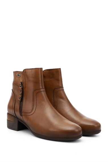 Womens Tan Antique Zipper Chunky Heel Genuine Leather Boots