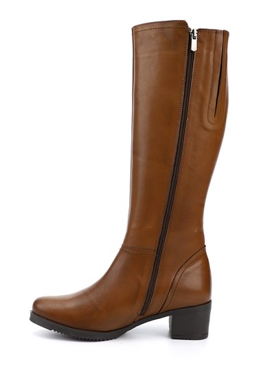 Womens Tan Antique Zipper Thick Heel Genuine Leather Boots