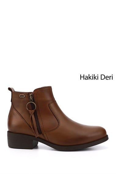 Kadın Taba Antik Fermuarlı Kalın Topuklu Hakiki Deri Bot