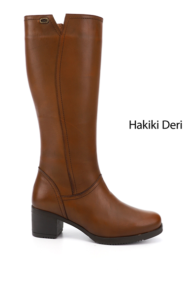 Kadın Taba Antik Fermuarlı Kalın Topuklu Hakiki Deri Çizme