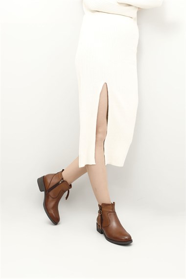 Womens Tan Antique Zipper Thick Heel Genuine Leather Boots