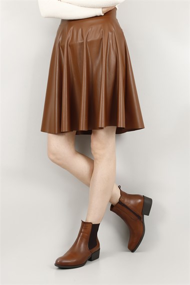 Kadın Taba Antik Fermuarlı Kalın Topuklu Hakiki Deri Chelsea Bot