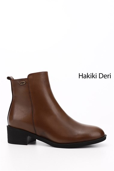 Kadın Taba Antik Fermuarlı Kalın Topuklu Hakiki Deri Bot