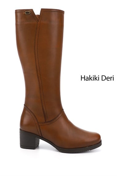 Kadın Taba Antik Fermuarlı Kalın Topuklu Hakiki Deri Çizme