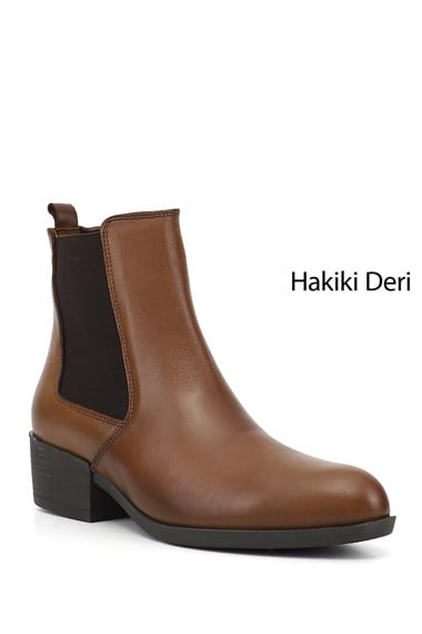 Kadın Taba Antik Fermuarlı Kalın Topuklu Hakiki Deri Chelsea Bot