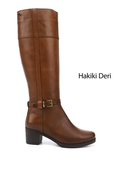 Kadın Taba Antik Fermuarlı Kalın Topuklu Hakiki Deri Çizme
