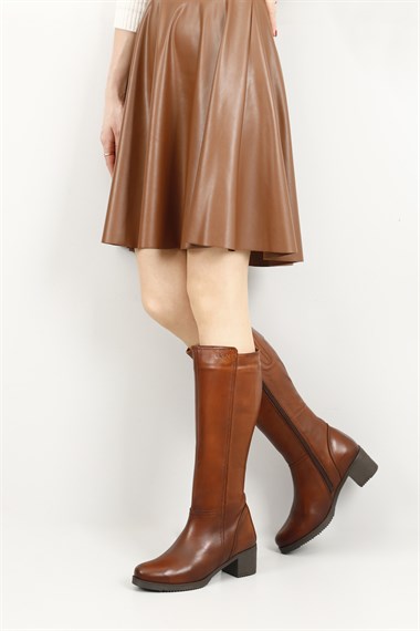 Womens Tan Antique Zipper Thick Heel Genuine Leather Boots