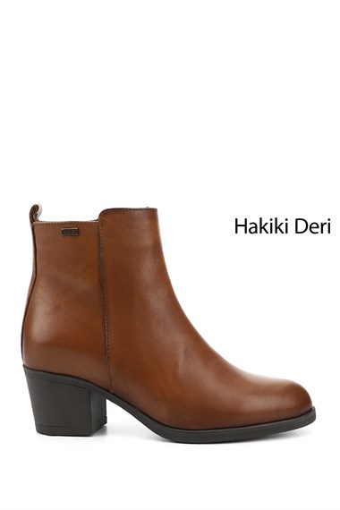 Kadın Taba Antik Fermuarlı Kalın Topuklu Hakiki Deri Bot