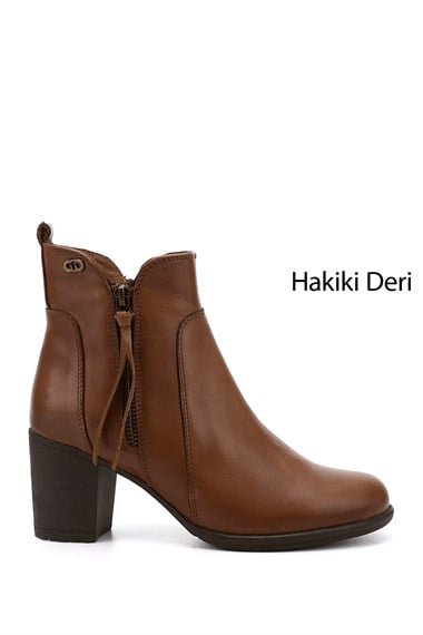 Kadın Taba Antik Fermuarlı Kalın Topuklu Hakiki Deri Bot