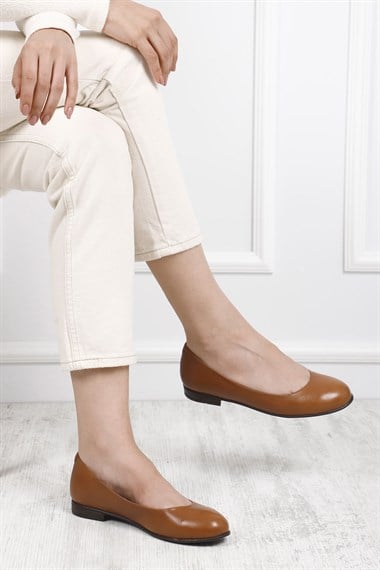 Womens Tan Antique Genuine Leather Ballerinas