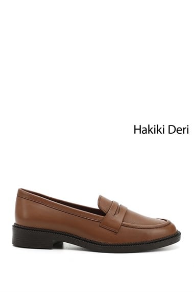 Kadın Taba Antik Hakiki Deri Loafer Ayakkabı