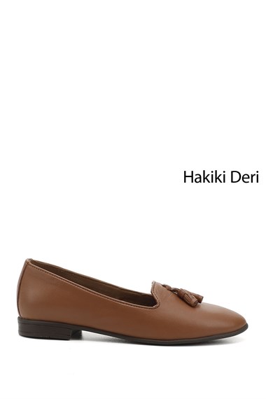 Kadın Taba Antik Hakiki Deri Püsküllü Babet