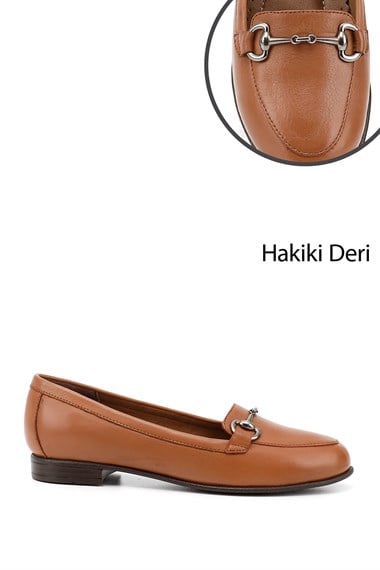 Womens Tan Antique Genuine Leather Buckled Ballerinas