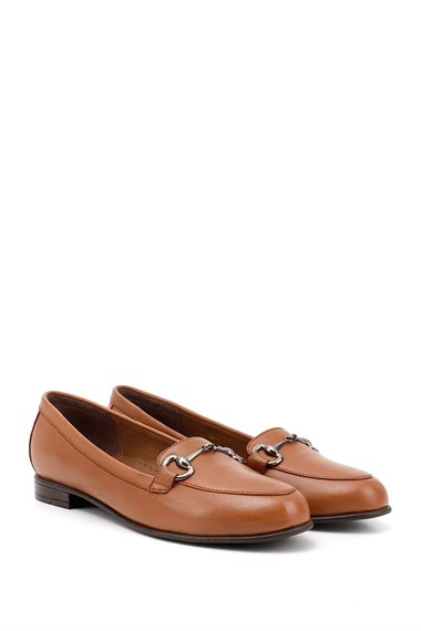 Womens Tan Antique Genuine Leather Buckled Ballerinas