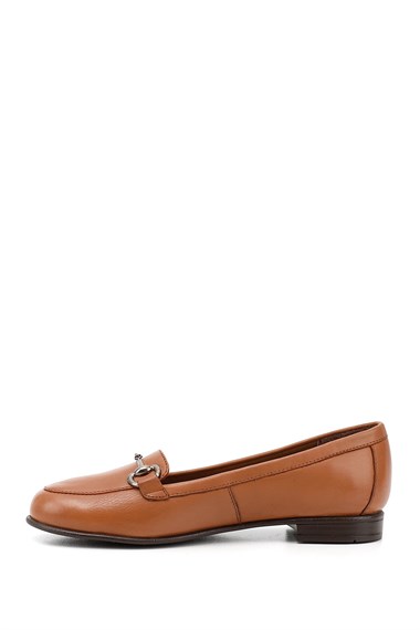 Womens Tan Antique Genuine Leather Buckled Ballerinas